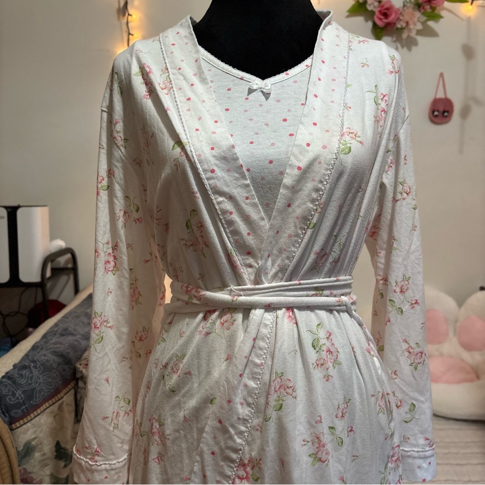 carole hochman pink white coquette floral polka dot robe two piece w pockets+tie